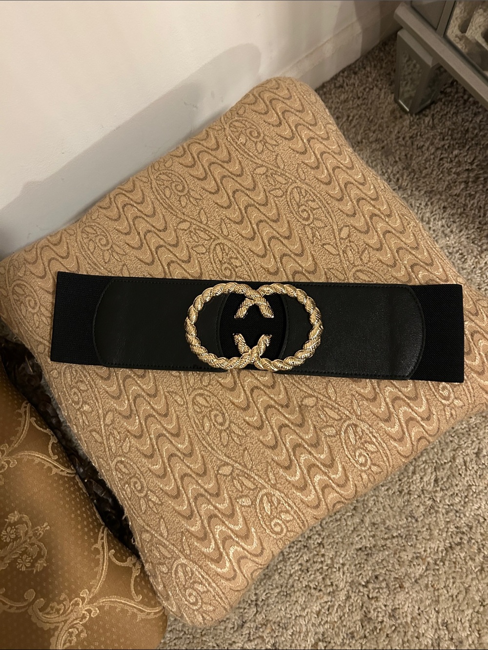 Black Elastic Waist Belt with Gold Interlocking Accent